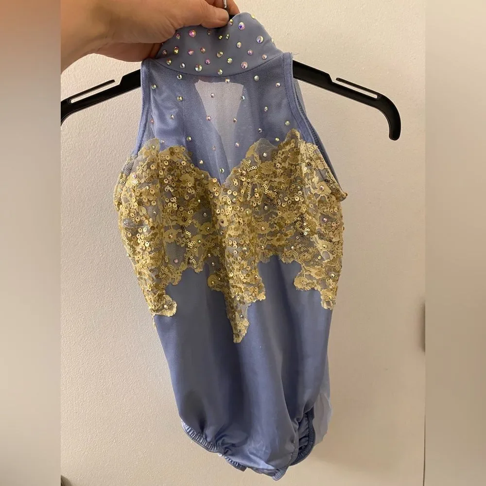 Rare Kelle dance solo costume illusion blue gold contemporary drape back LC chil